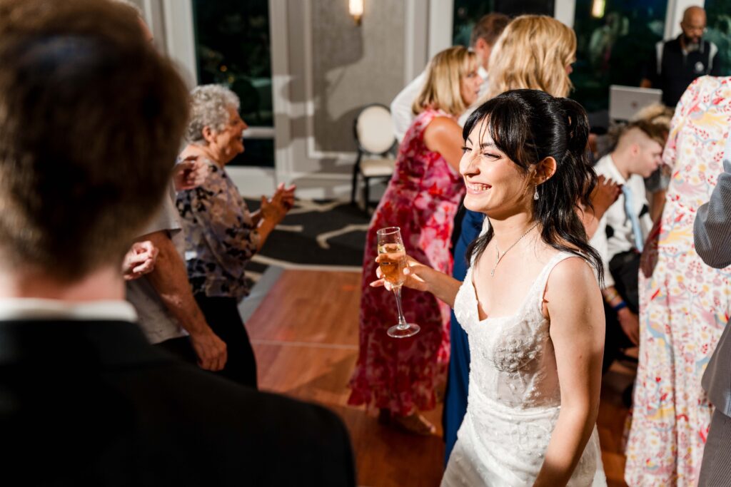 Sertap enjoying champagne on her dance floor at Blythefield