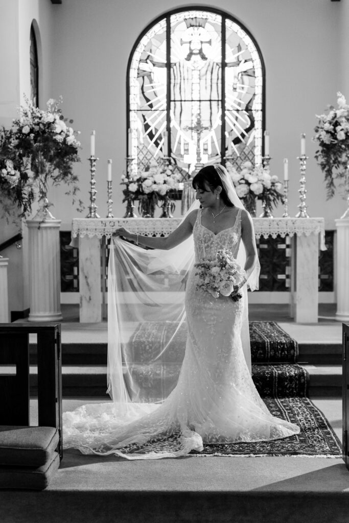 Elegant bridal portrait at St. Paul's Church in Grand Rapids